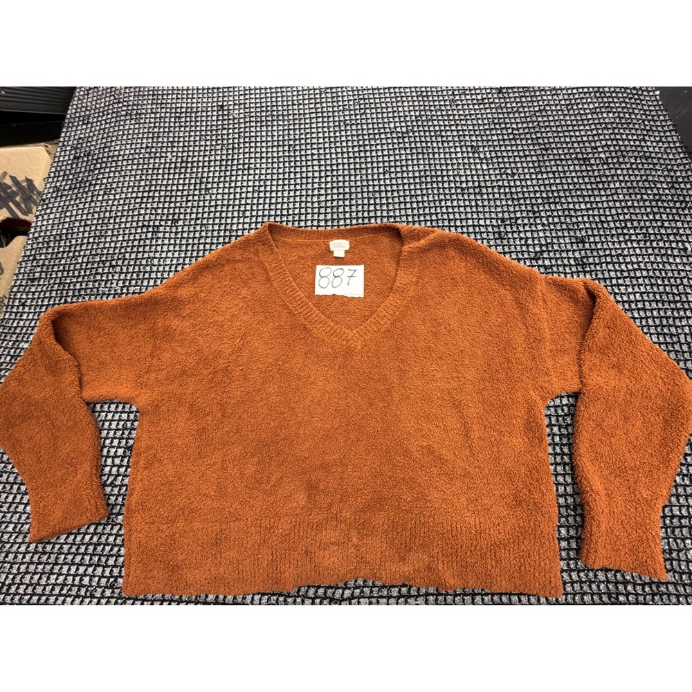 Stars Above Sweater Womens Large Orange Fuzzy V-Neck Pullover Cozy